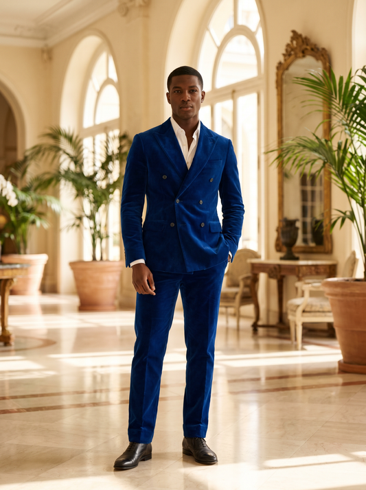 Royal Blue Velvet Double Breasted Suit — Custom Made to Measure - front view