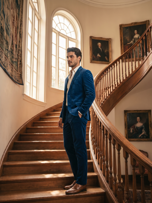 Royal Blue Velvet Groomsmen Suit — Custom Made to Measure - side view