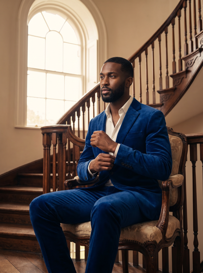 Royal Blue Velvet Suit — Custom Made to Measure - seated view
