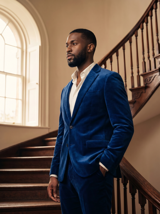 Royal Blue Velvet Suit — Custom Made to Measure - side view
