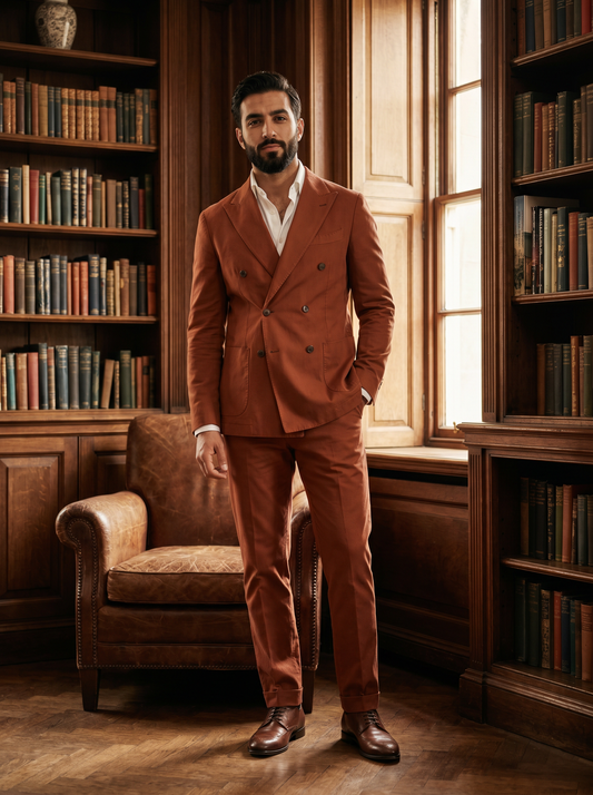 Rust Cotton Double Breasted Suit — Custom Made to Measure - front view