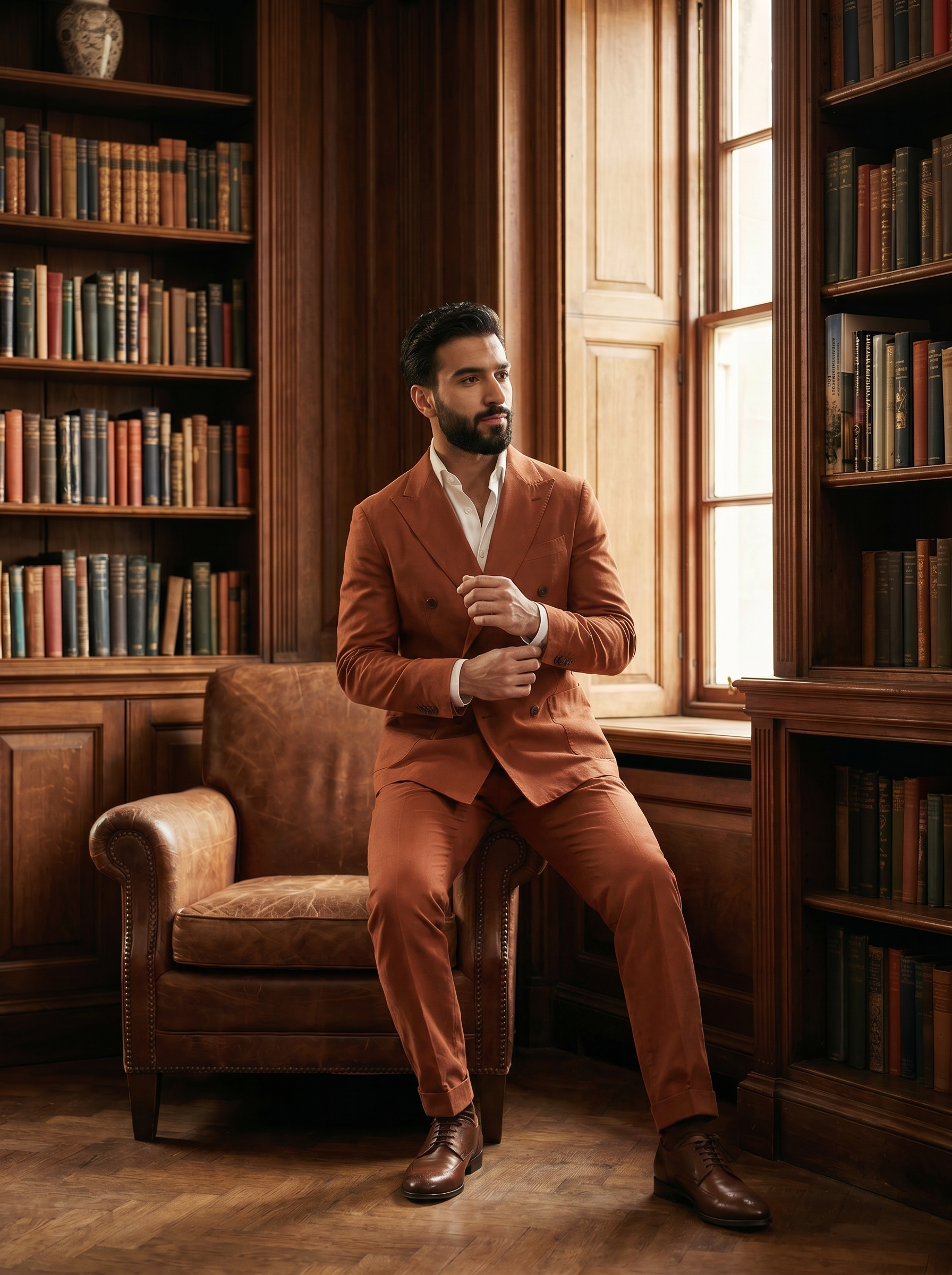 Rust Cotton Double Breasted Suit — Custom Made to Measure - seated view