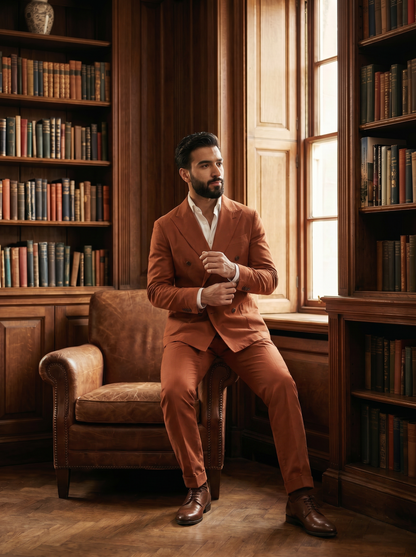 Rust Cotton Double Breasted Suit — Custom Made to Measure - seated view