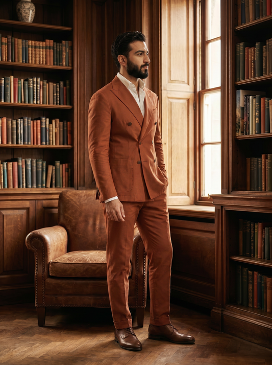 Rust Cotton Double Breasted Suit — Custom Made to Measure - side view