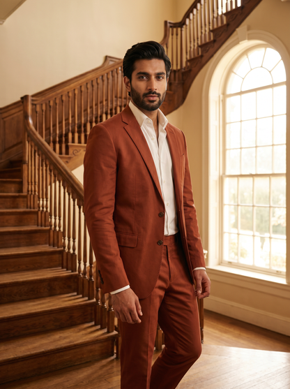 Rust Cotton Groomsmen Suit — Custom Made - front view