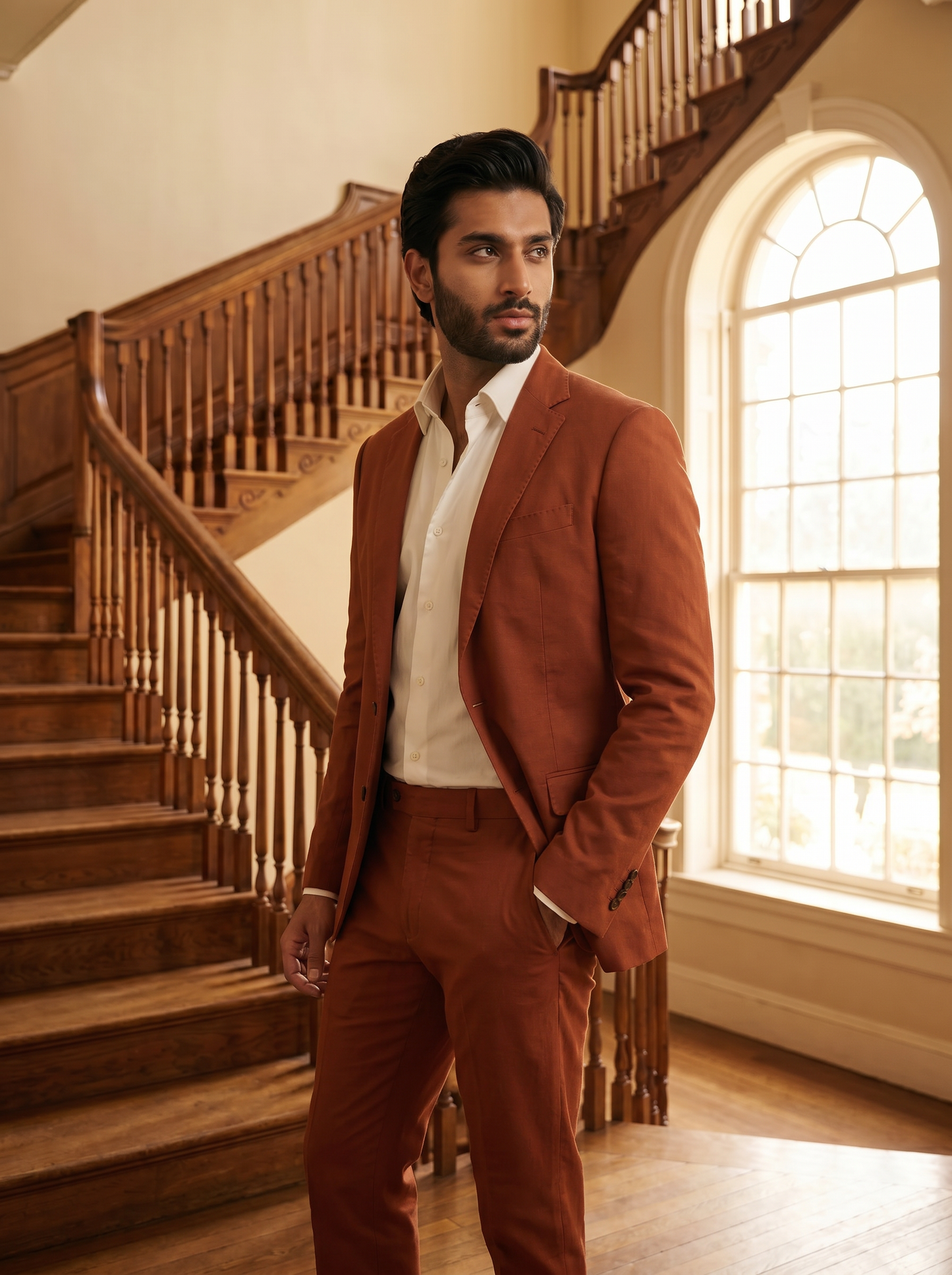 Rust Cotton Groomsmen Suit — Custom Made - side view