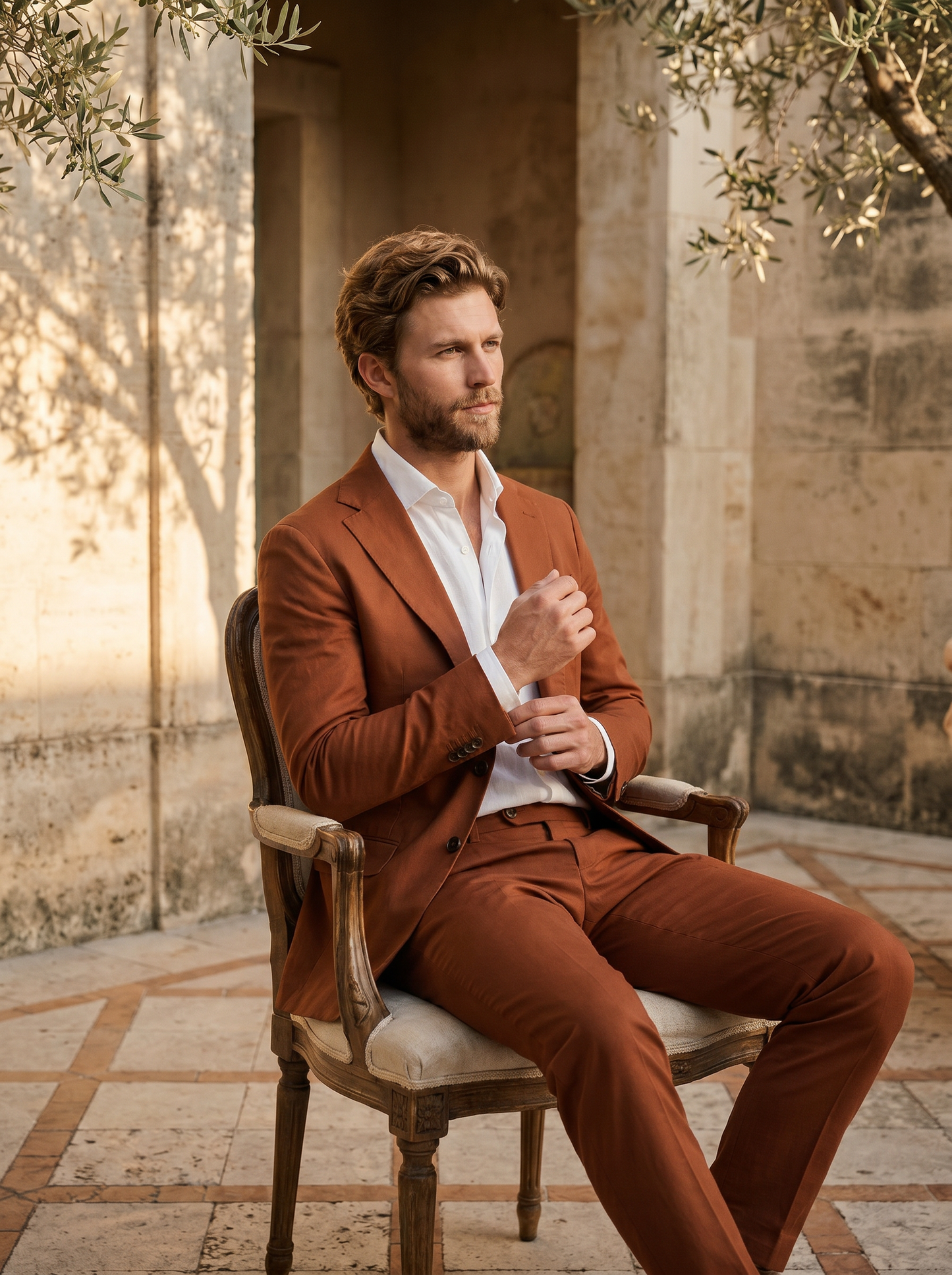 Rust Cotton Suit — Custom Made to Measure - seated view