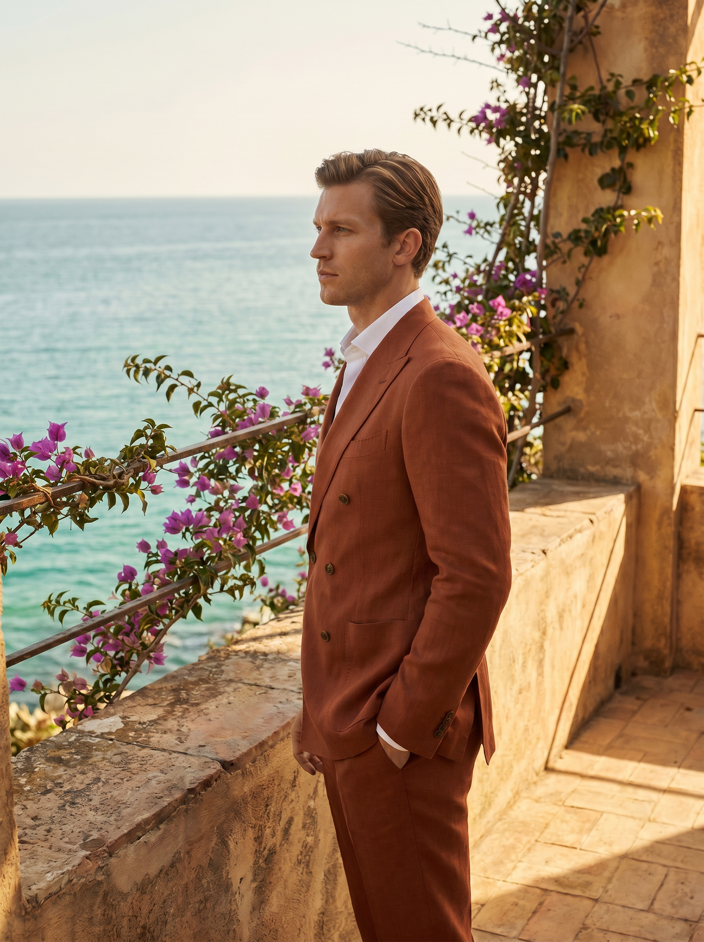 Rust Linen Double Breasted Suit — Custom Made to Measure - side view