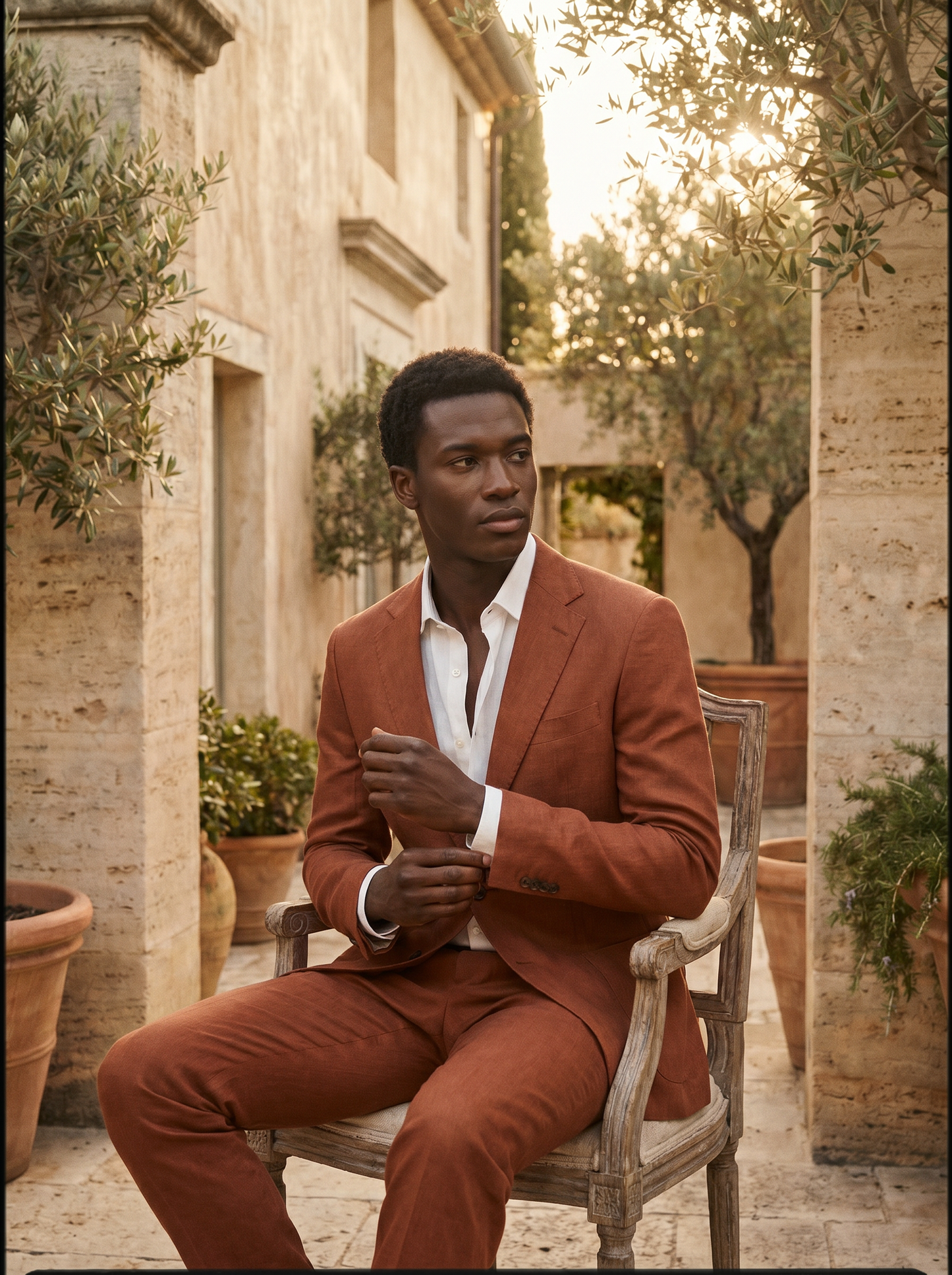 Rust Linen Groomsmen Suit — Custom Made to Measure - seated view