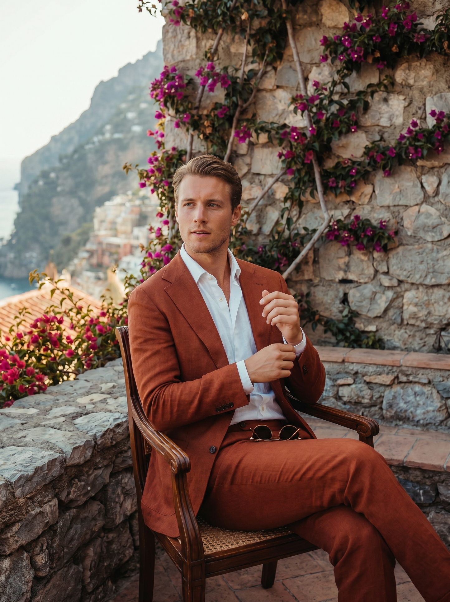 Rust Linen Suit — Custom Made to Measure - seated view