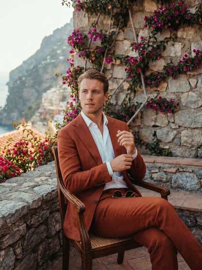 Rust Linen Suit — Custom Made to Measure - seated view