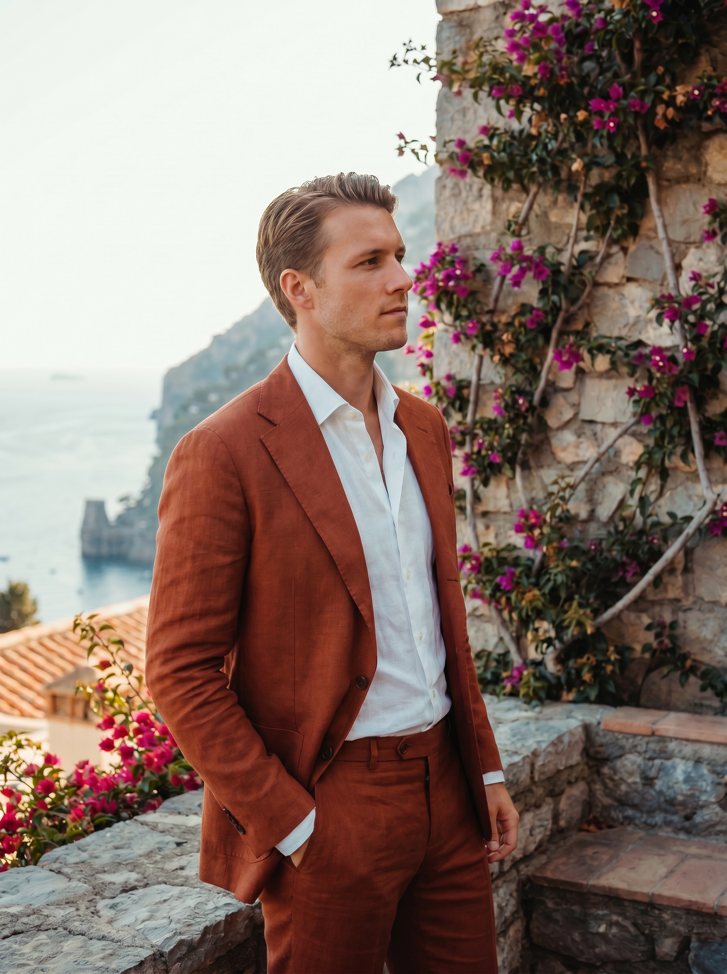 Rust Linen Suit — Custom Made to Measure - side view