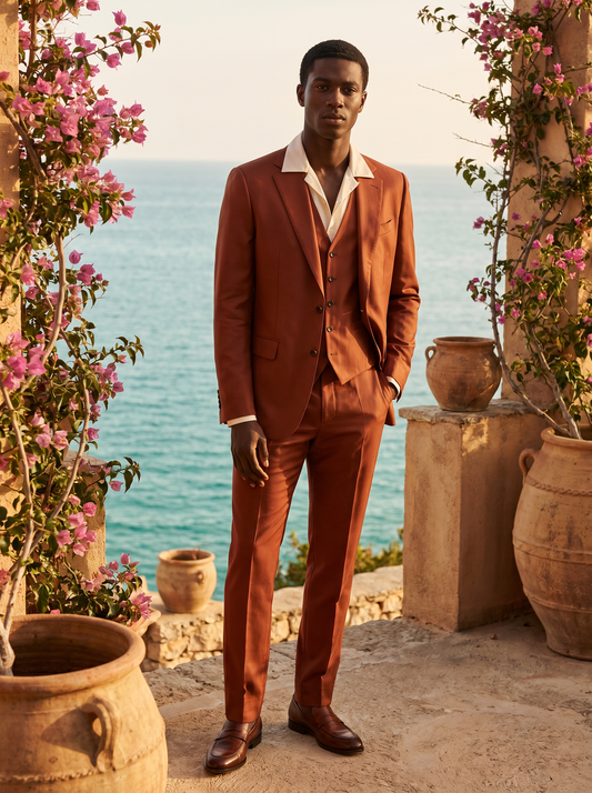 Rust Silk Blend 3-Piece Suit — Custom Made to Measure - front view
