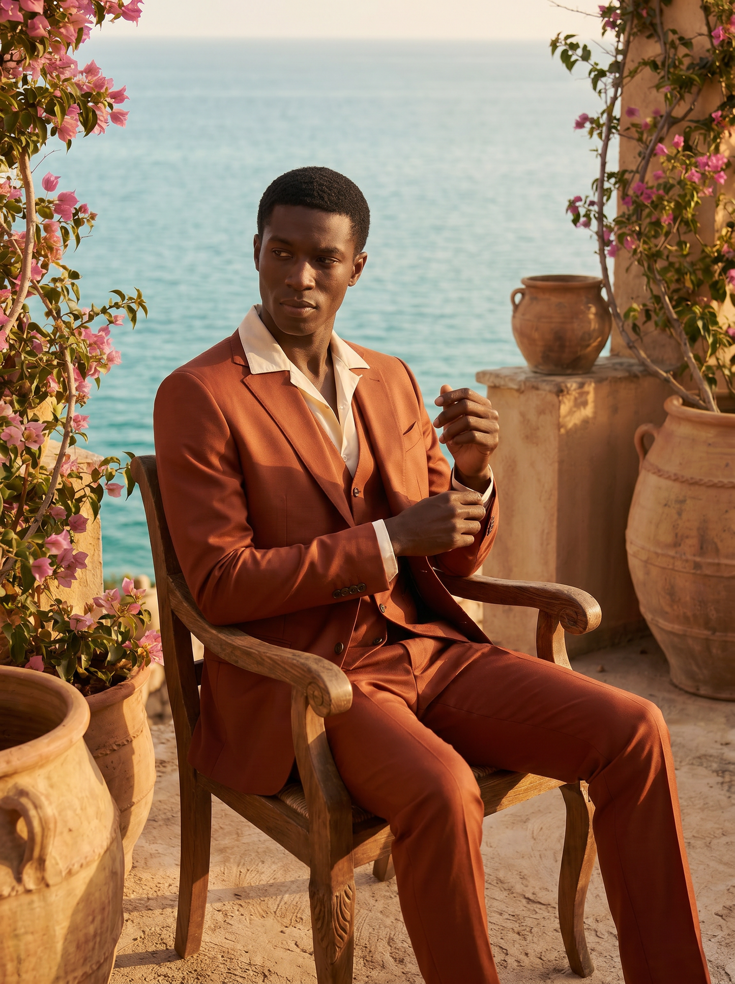 Rust Silk Blend 3-Piece Suit — Custom Made to Measure - seated view