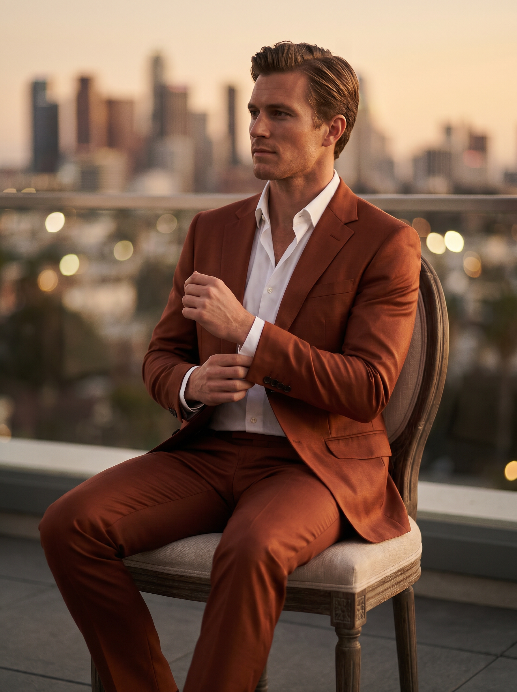 Rust Silk Blend Suit — Custom Made to Measure - seated view