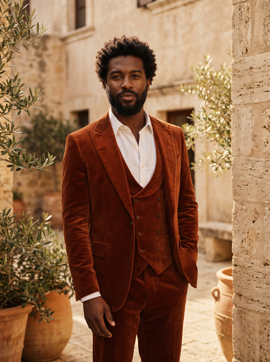 Rust Velvet 3-Piece Suit — Custom Made to Measure - front view