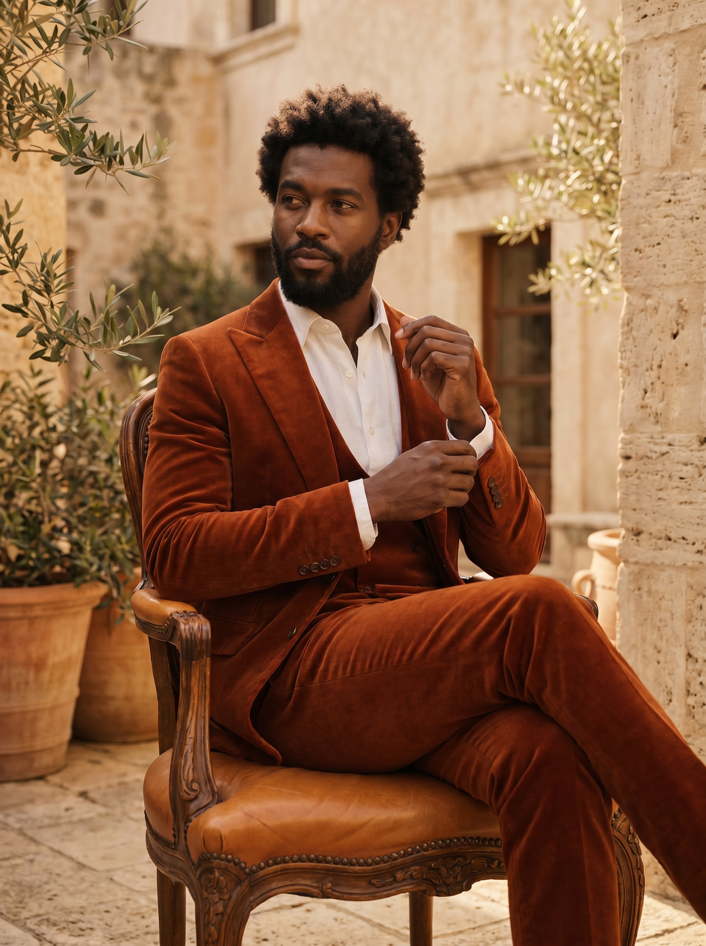 Rust Velvet 3-Piece Suit — Custom Made to Measure - seated view