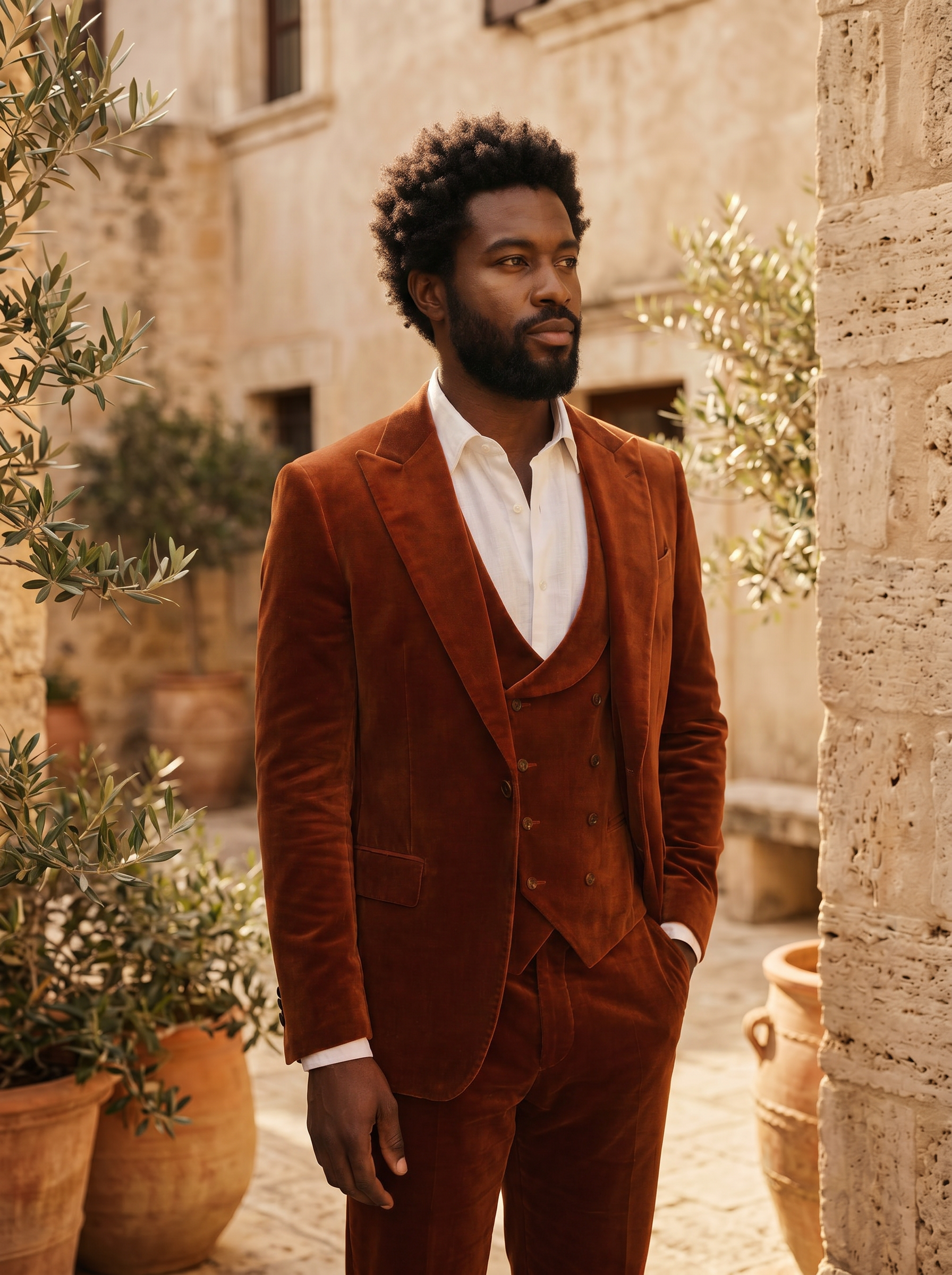 Rust Velvet 3-Piece Suit — Custom Made to Measure - side view
