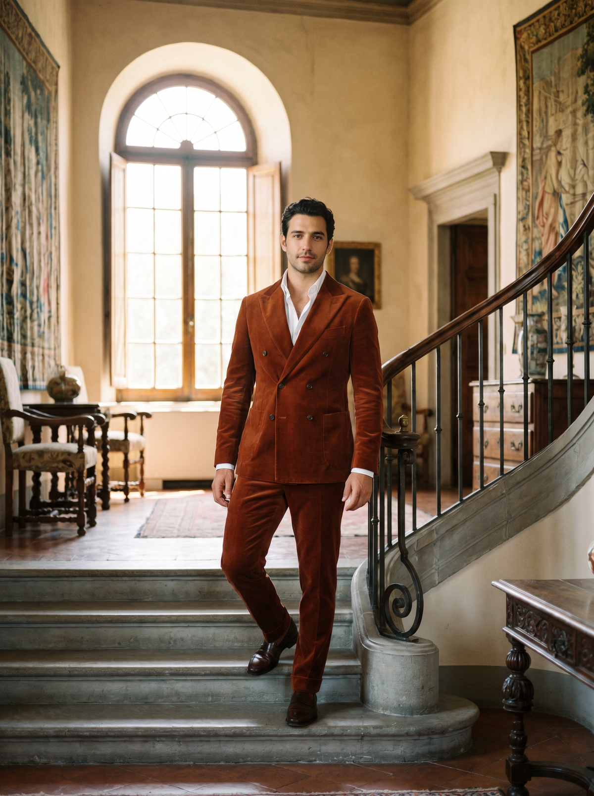 Rust Velvet Double Breasted Suit — Custom Made to Measure - front view