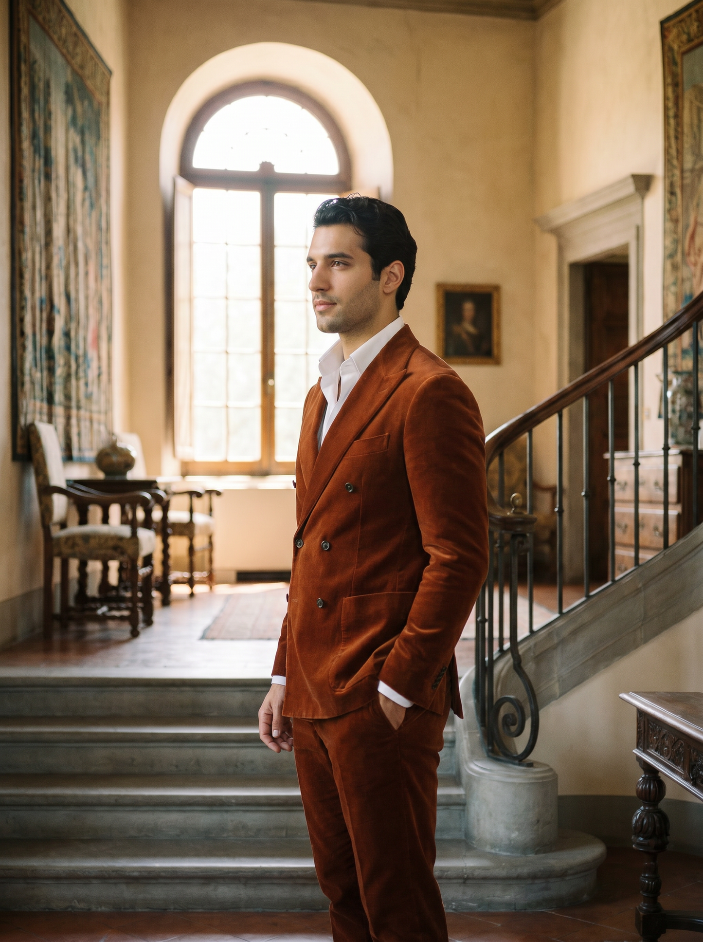 Rust Velvet Double Breasted Suit — Custom Made to Measure - side view