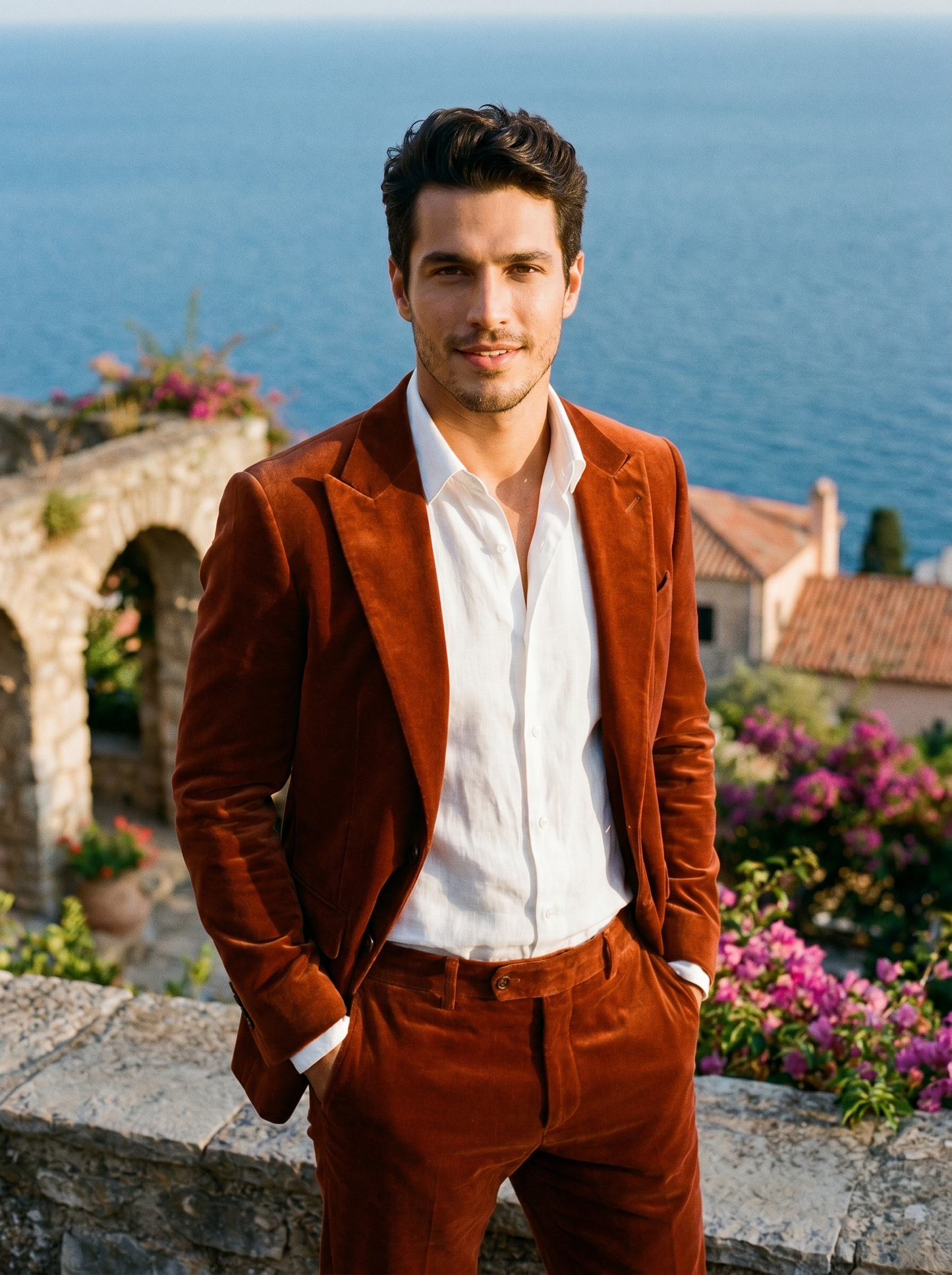 Rust Velvet Groomsmen Suit — Custom Made to Measure - front view