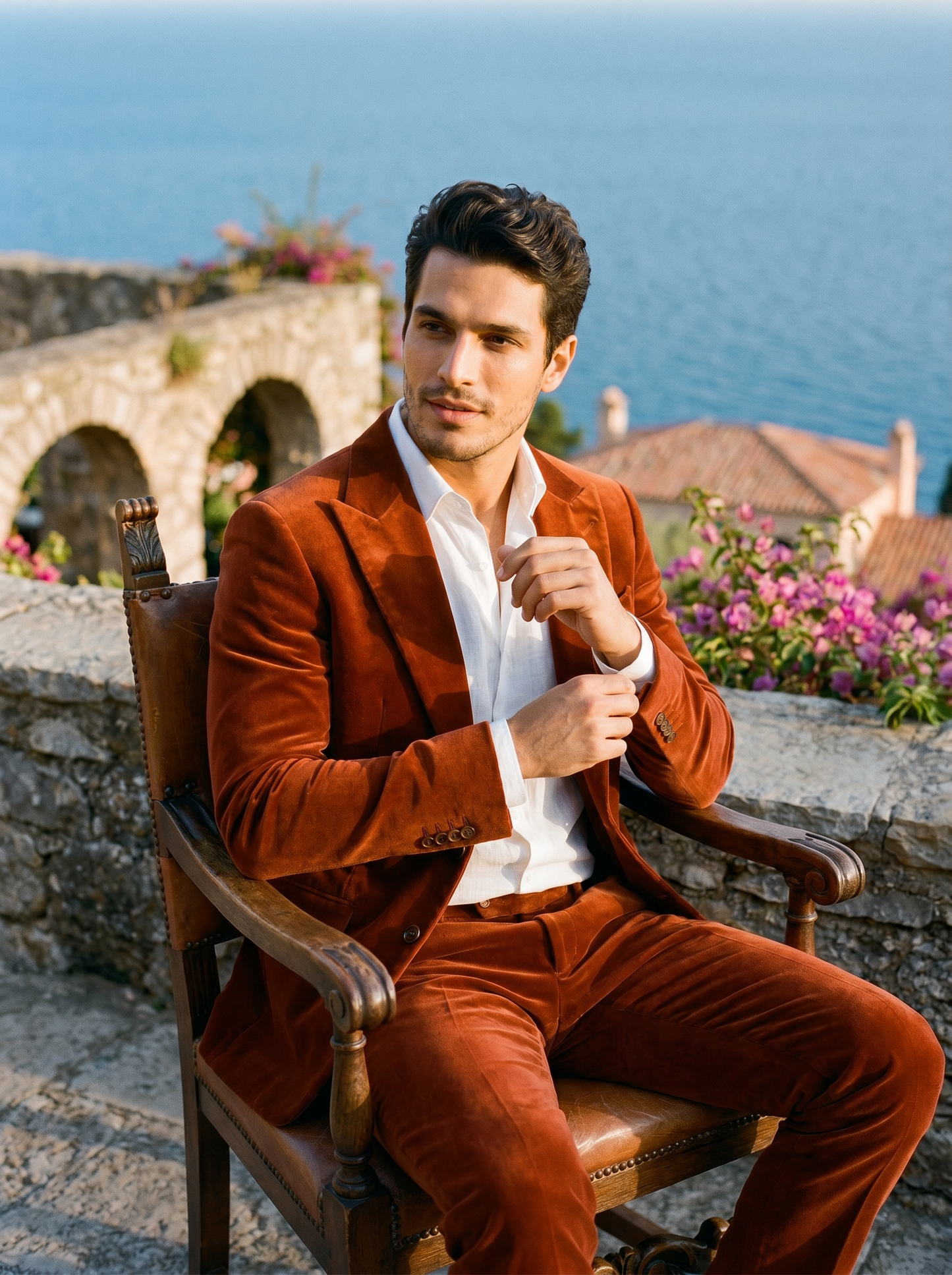 Rust Velvet Groomsmen Suit — Custom Made to Measure - seated view