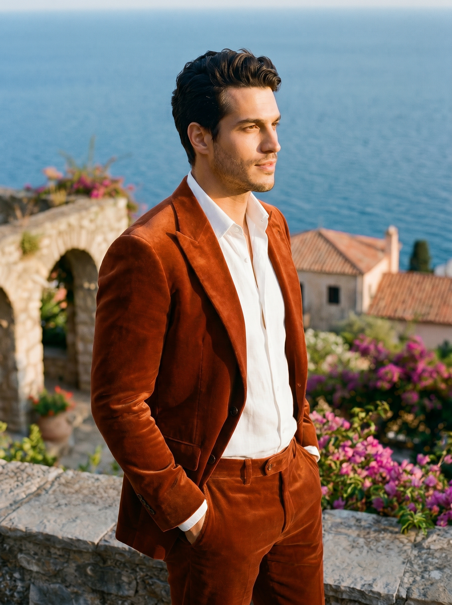 Rust Velvet Groomsmen Suit — Custom Made to Measure - side view