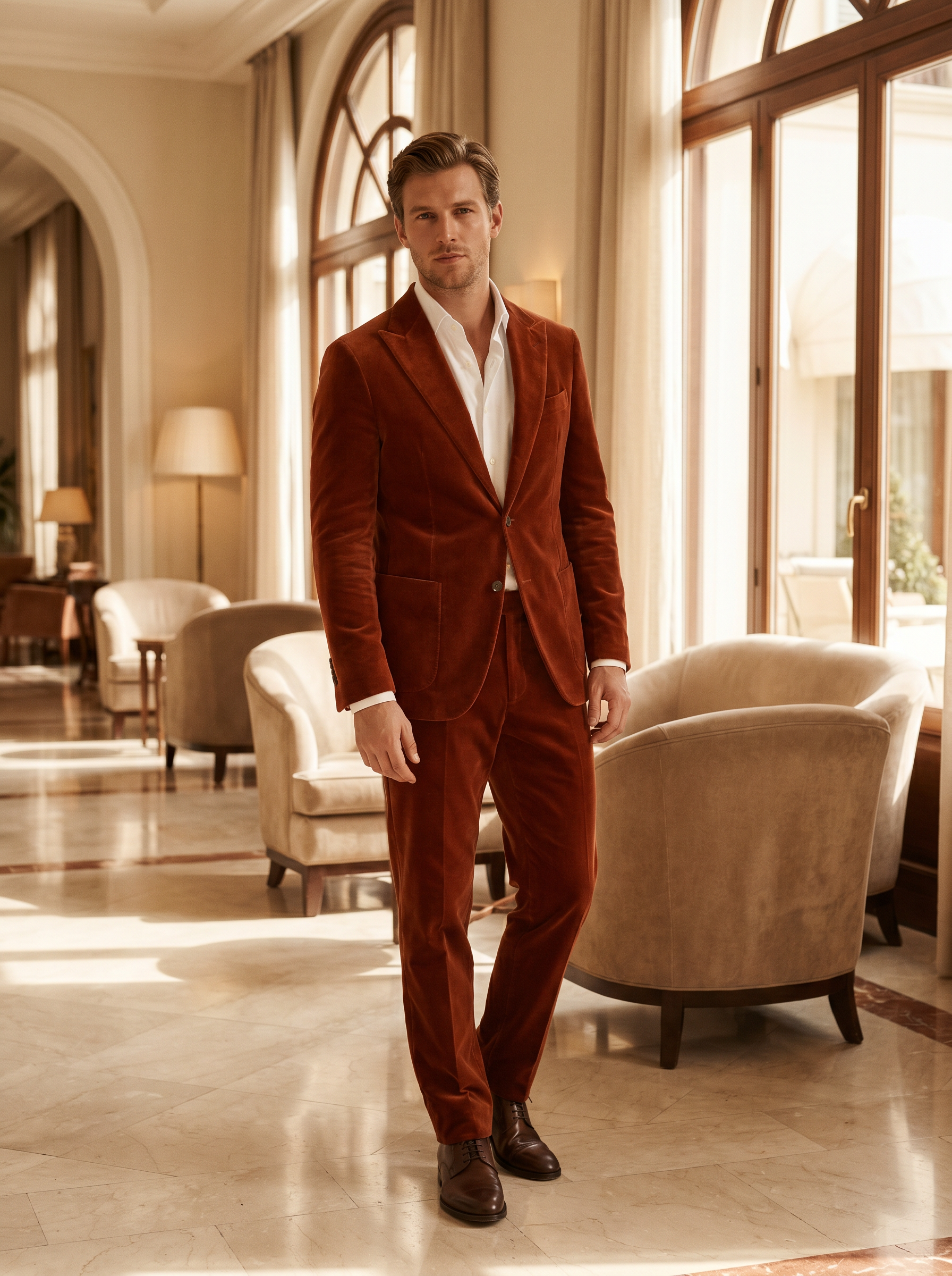 Rust Velvet Suit — Custom Made to Measure - front view