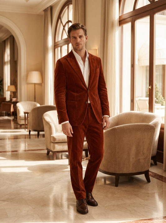 Rust Velvet Suit — Custom Made to Measure - front view