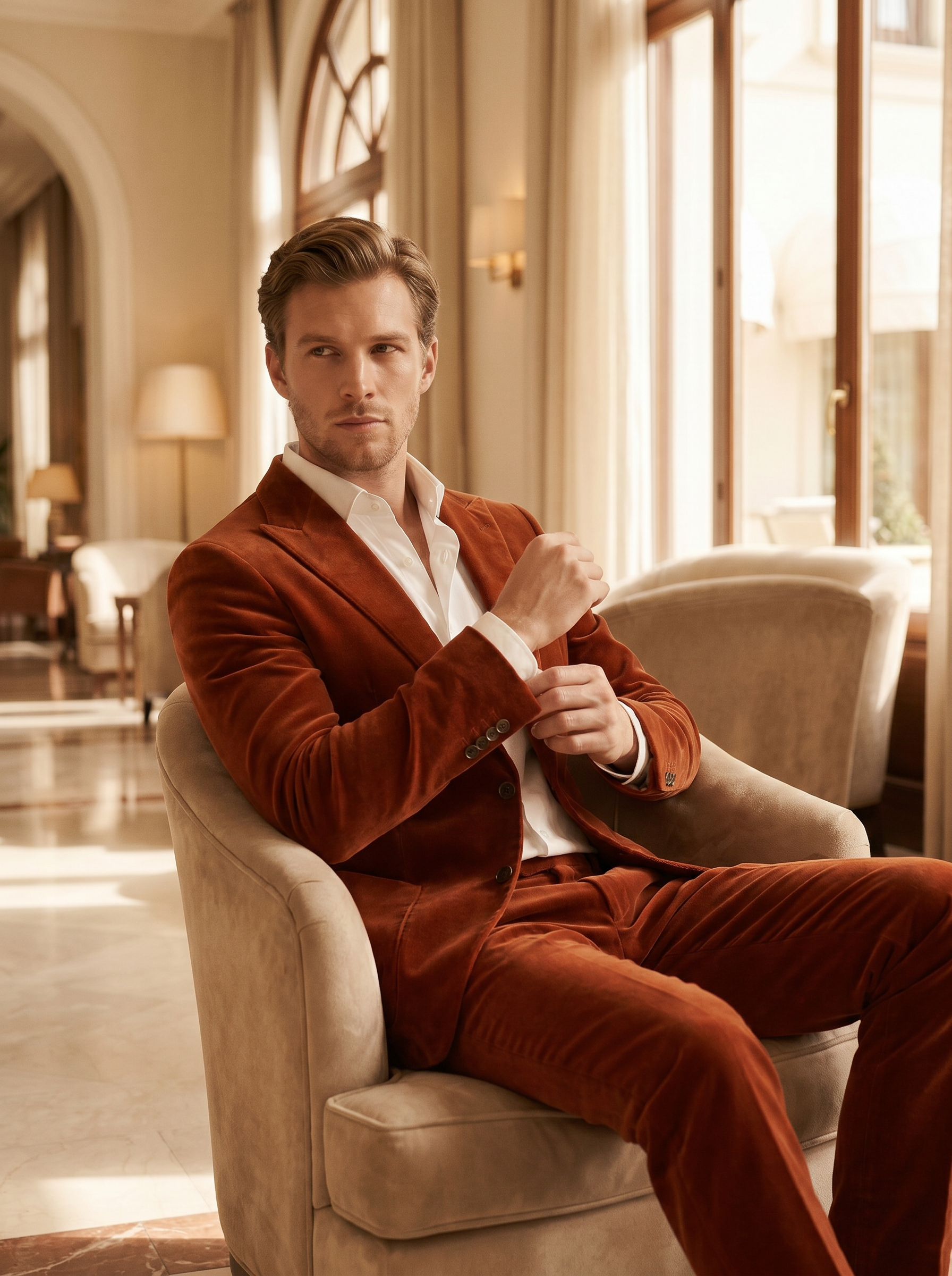Rust Velvet Suit — Custom Made to Measure - seated view