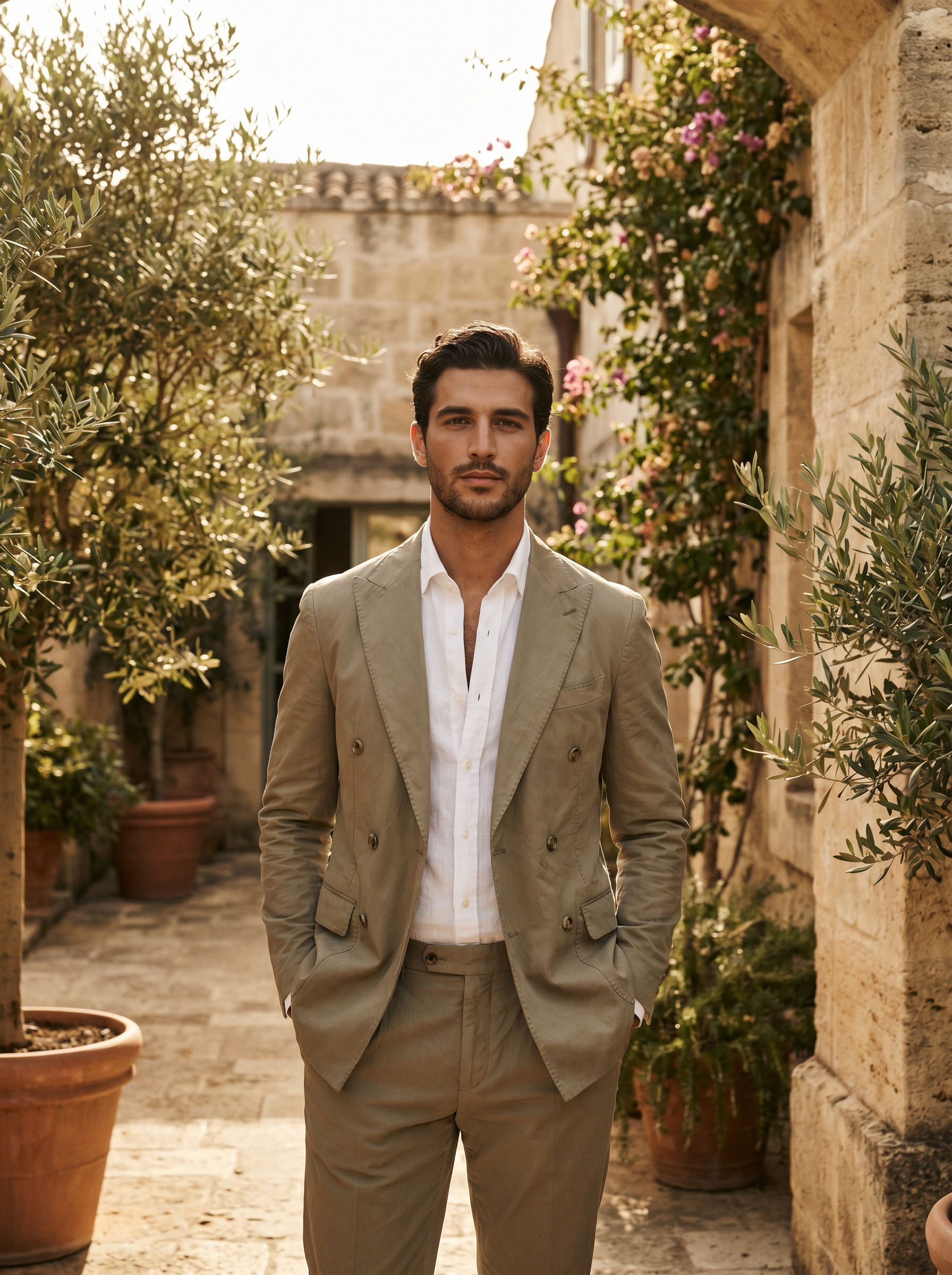 Sage Beige Cotton Double Breasted Suit — Custom Made to Measure - front view