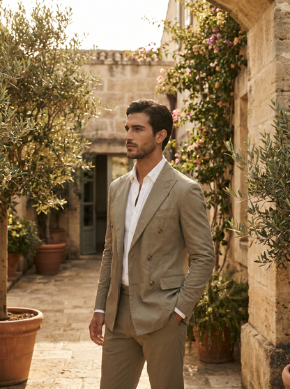 Sage Beige Cotton Double Breasted Suit — Custom Made to Measure - side view