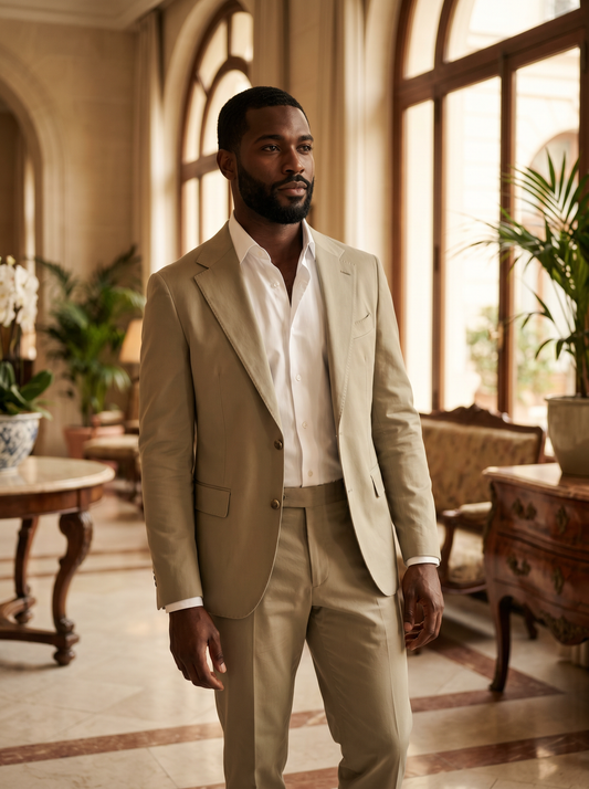 Sage Beige Cotton Groomsmen Suit — Custom Made - front view