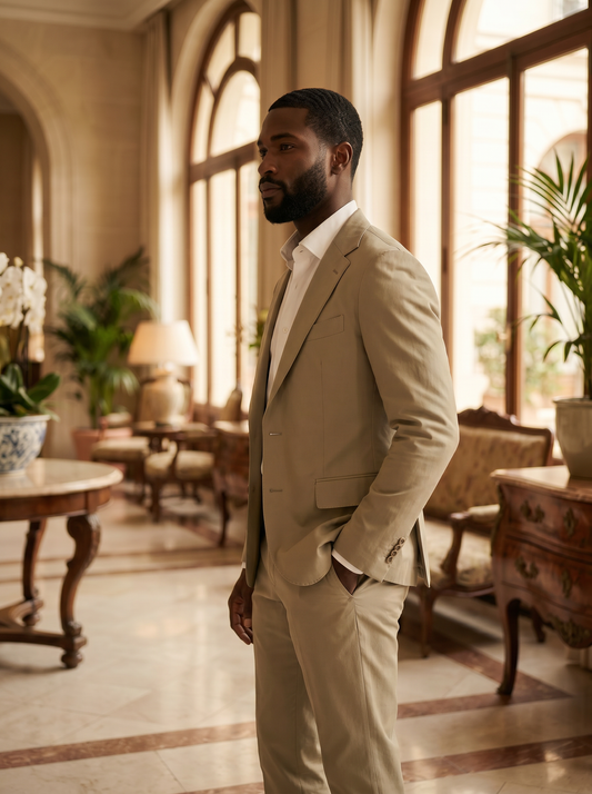 Sage Beige Cotton Groomsmen Suit — Custom Made - side view