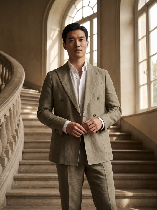 Sage Beige Linen Double Breasted Suit — Custom Made to Measure - front view