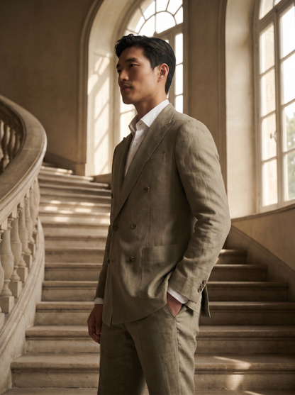Sage Beige Linen Double Breasted Suit — Custom Made to Measure - side view