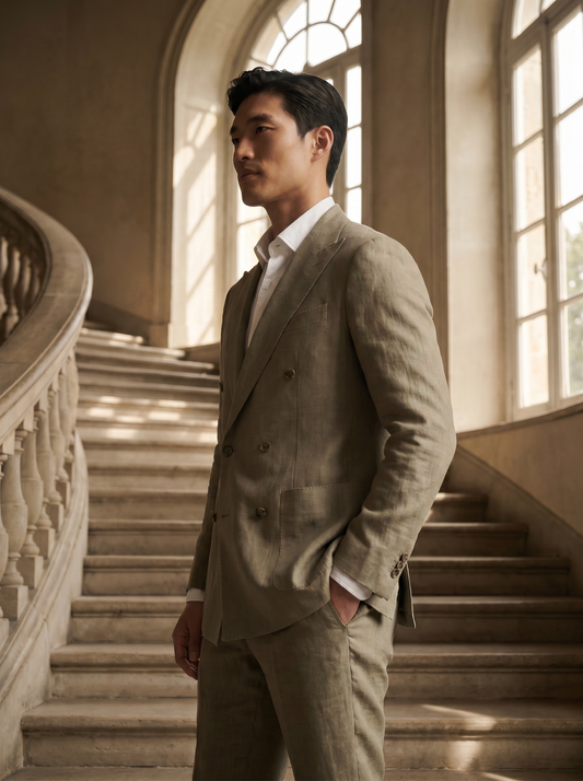 Sage Beige Linen Double Breasted Suit — Custom Made to Measure - side view