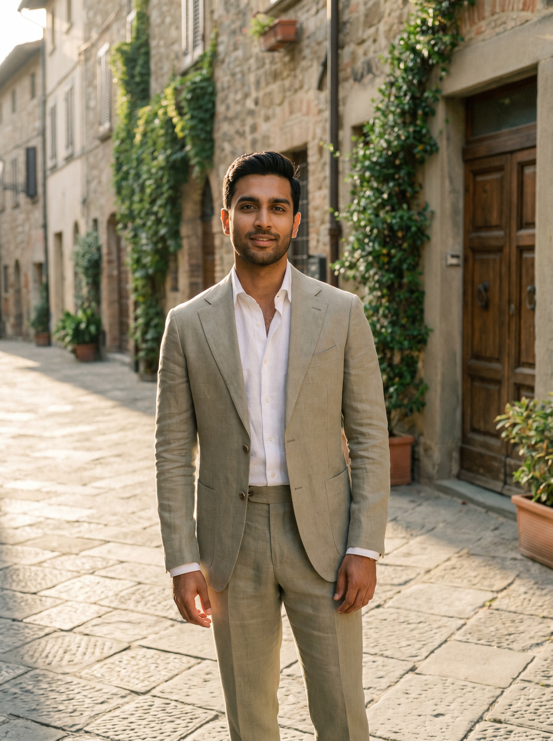 Sage Beige Linen Groomsmen Suit — Custom Made to Measure - front view