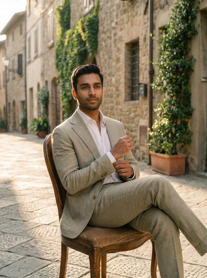 Sage Beige Linen Groomsmen Suit — Custom Made to Measure - seated view