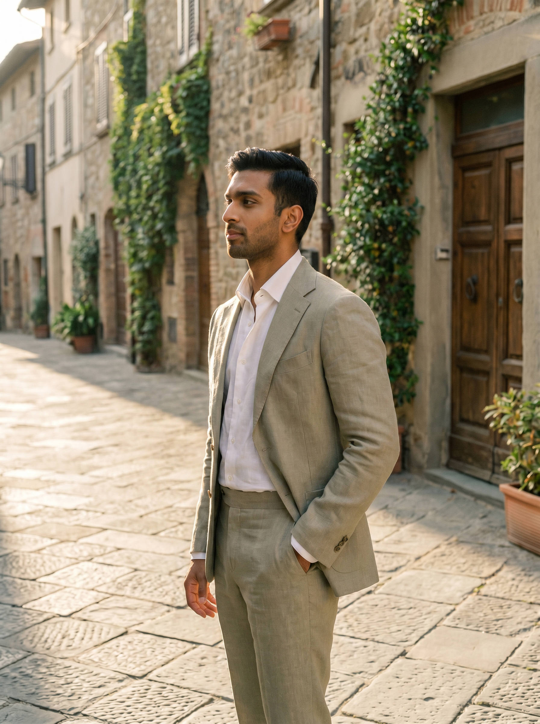 Sage Beige Linen Groomsmen Suit — Custom Made to Measure - side view