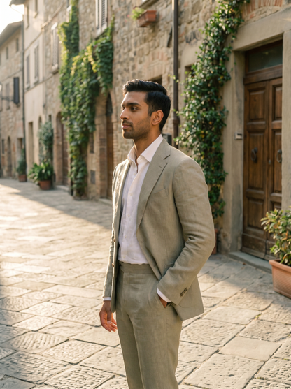 Sage Beige Linen Groomsmen Suit — Custom Made to Measure - side view