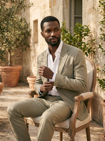 Sage Beige Linen Suit — Custom Made to Measure - seated view