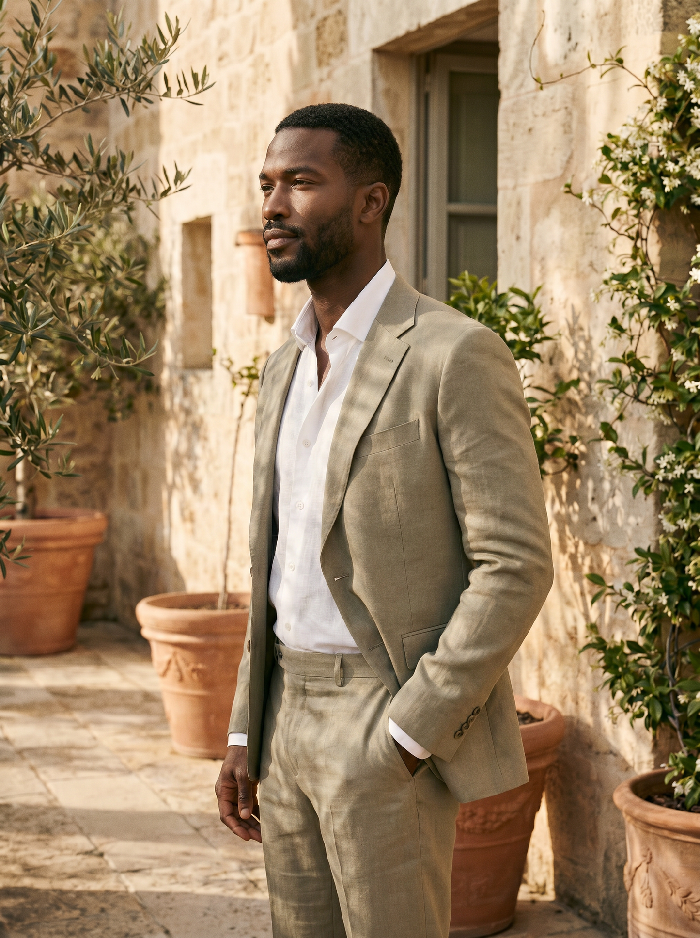 Sage Beige Linen Suit — Custom Made to Measure - side view