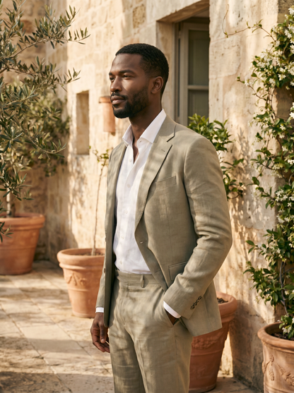 Sage Beige Linen Suit — Custom Made to Measure - side view