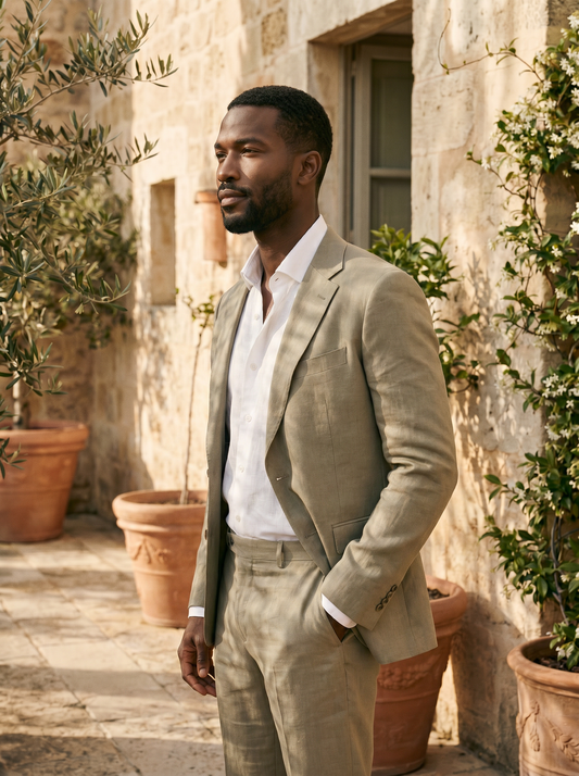 Sage Beige Linen Suit — Custom Made to Measure - side view