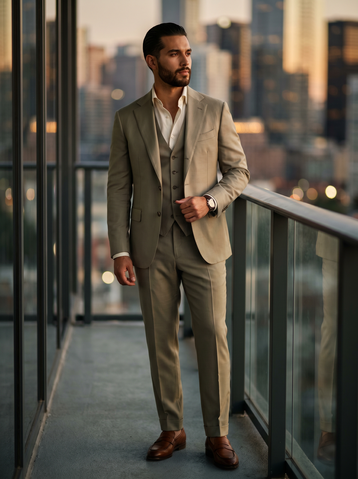 Sage Beige Silk Blend 3-Piece Suit — Custom Made to Measure