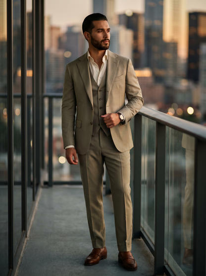 Sage Beige Silk Blend 3-Piece Suit — Custom Made to Measure - front view
