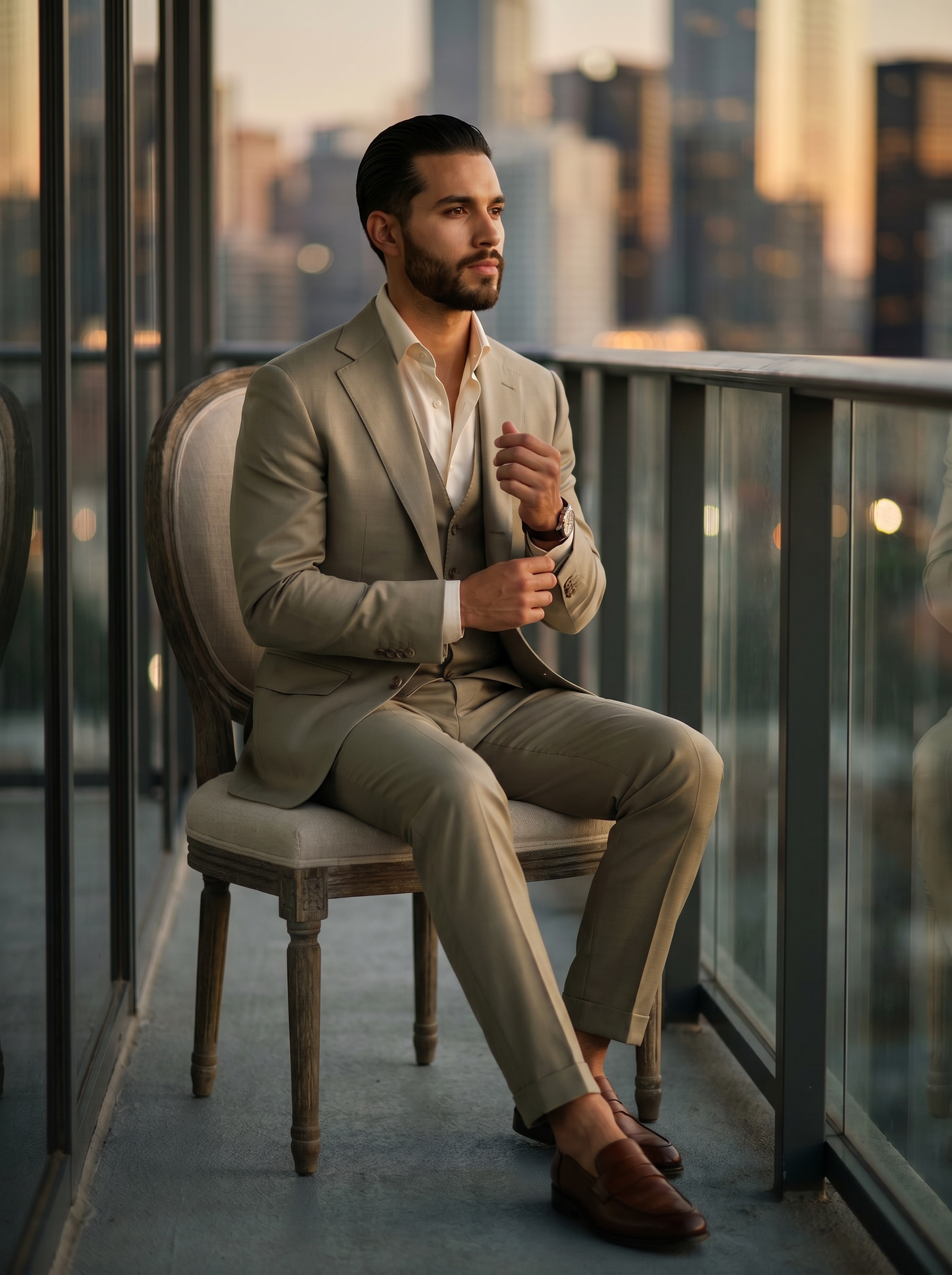 Sage Beige Silk Blend 3-Piece Suit — Custom Made to Measure - seated view