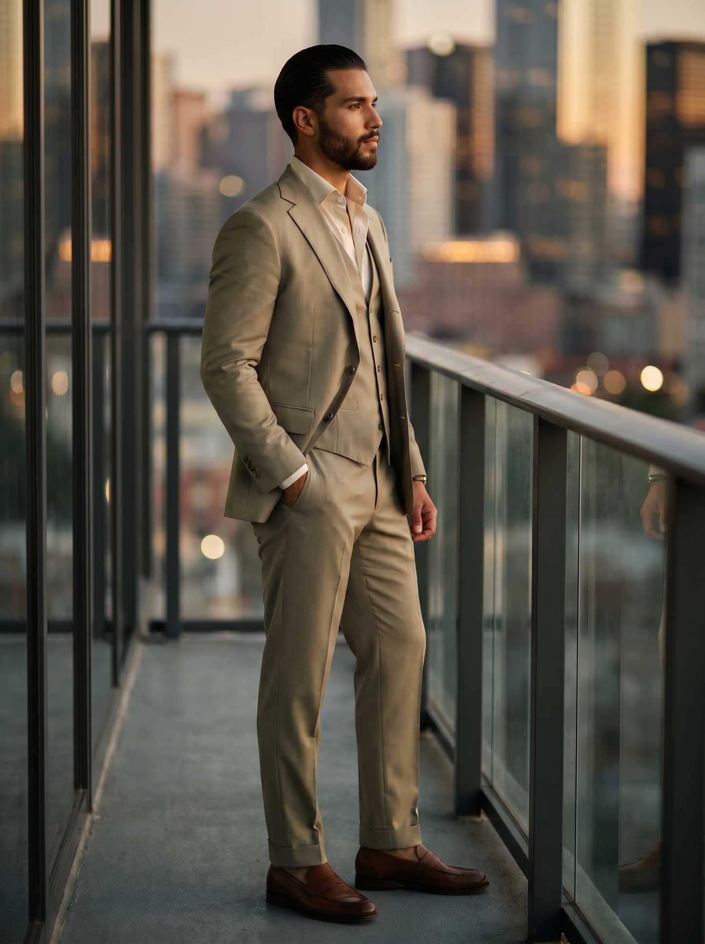 Sage Beige Silk Blend 3-Piece Suit — Custom Made to Measure - side view
