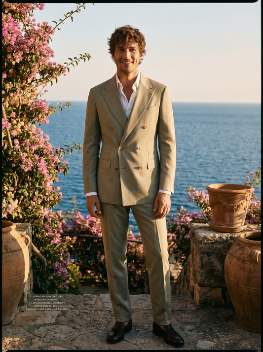 Sage Beige Silk Blend Double Breasted Suit — Custom Made to Measure - front view